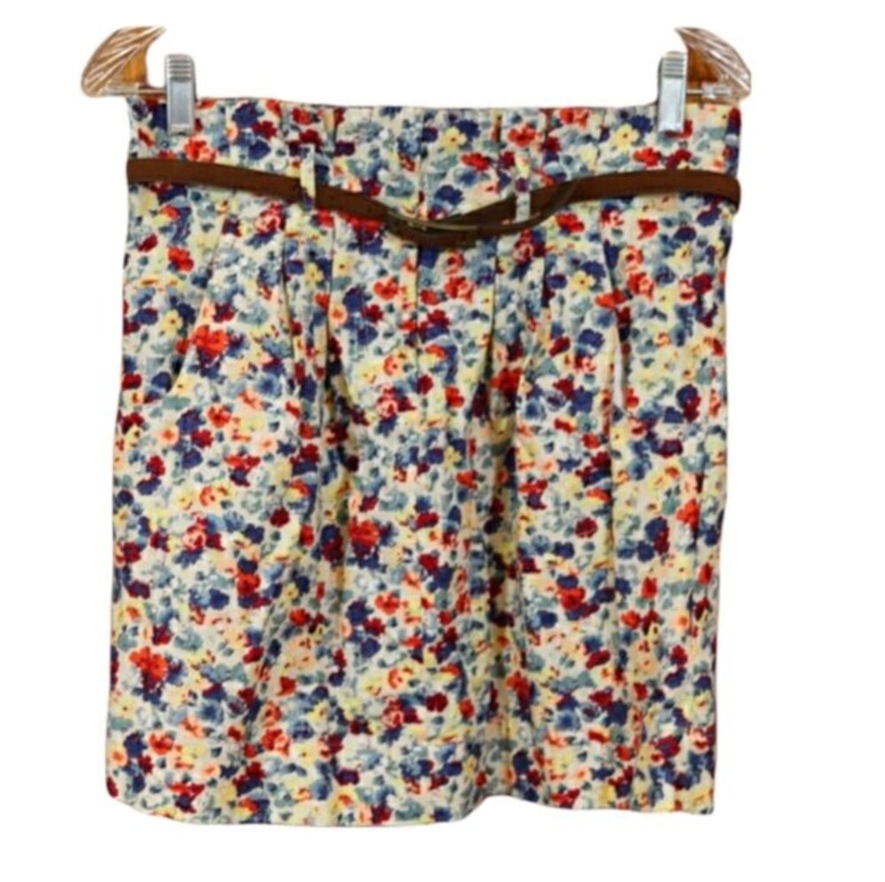 Top Shop Floral Mini Skirt 8 - Paper Bag Waist Belted Cotton Boho Flirty